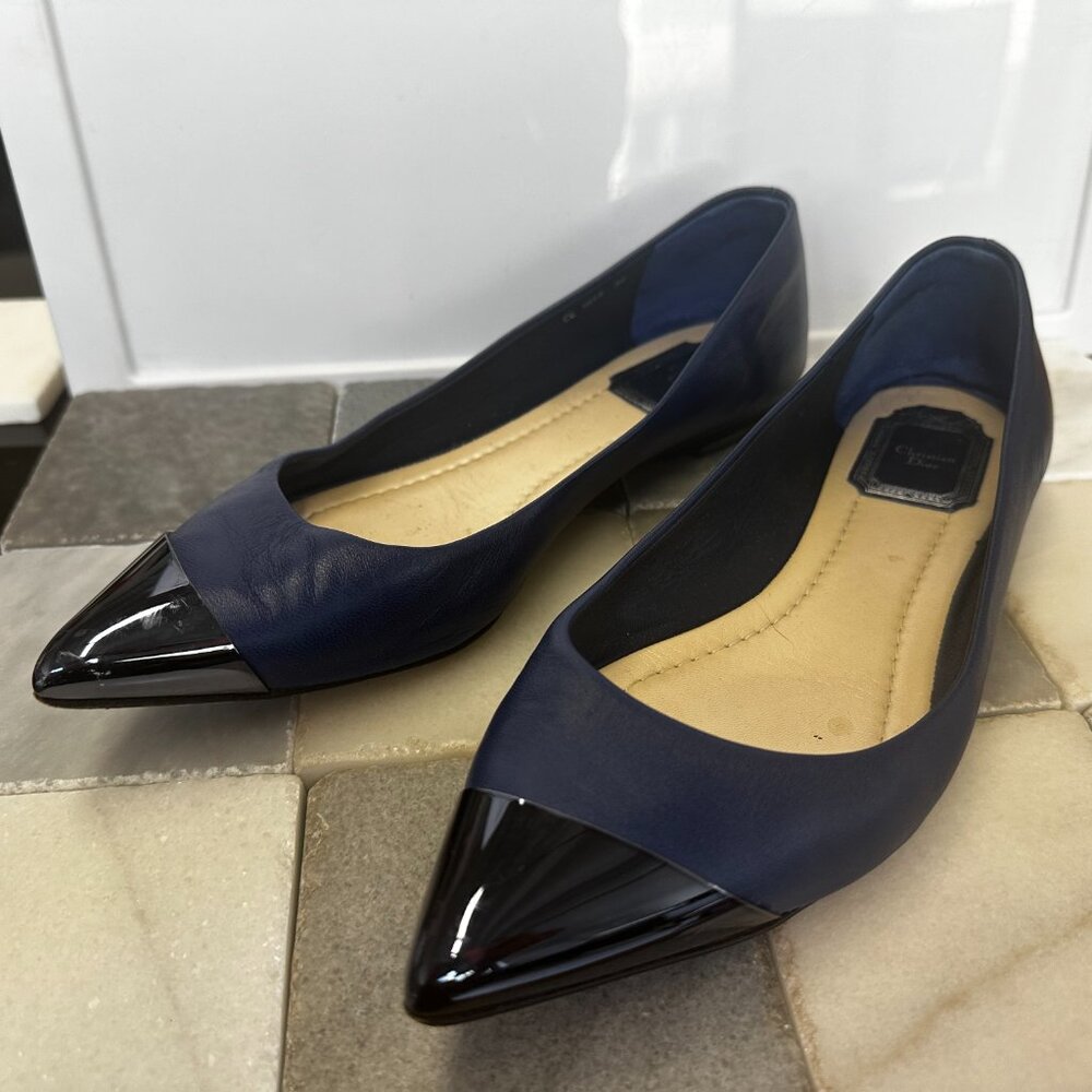Christian Dior Blue Leather Flats With Pointed Metal Cap Toe size 39